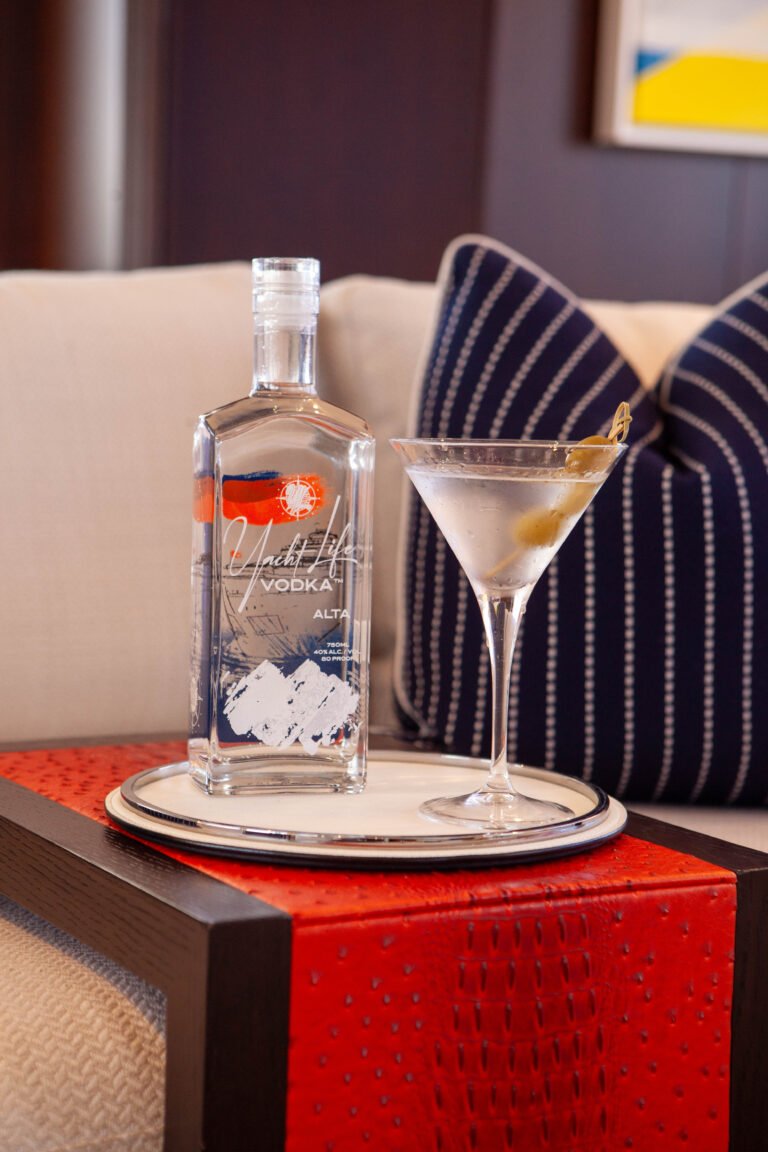 Yacht Life Vodka ALTA bottle and martini aboard the superyacht ALTA